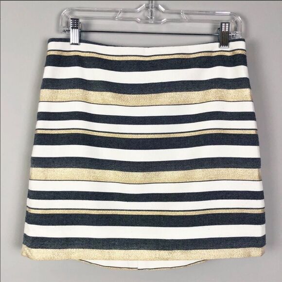 J. CREW | Bold Stripe Mini Skirt Metallic Gold, White, Denim Blue Women’s Size 6 - Picture 1 of 7